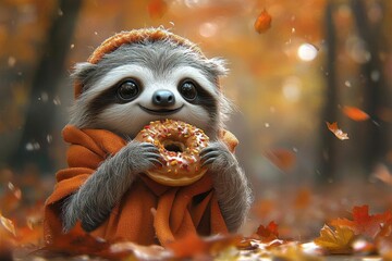 Fototapeta premium cute anime-style sloth happily munching a delicious donut, adorned with fall colors and playful expressions, set in a whimsical, cheerful scene
