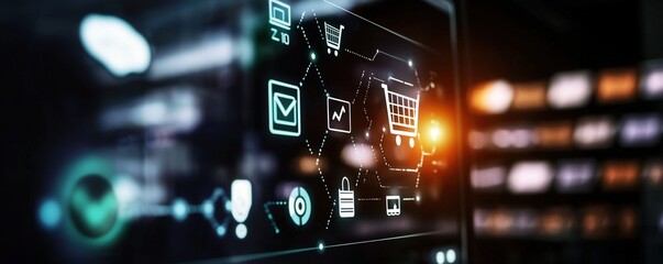 Fototapeta premium Digital Shopping Interface with Icons and Connected Technology Elements