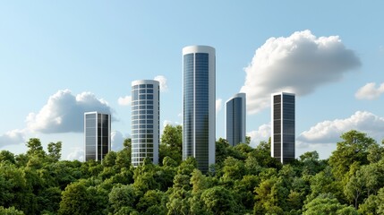 Fototapeta premium Modern skyscrapers rise amidst lush greenery under a blue sky with fluffy clouds, showcasing the blend of nature and urban architecture.