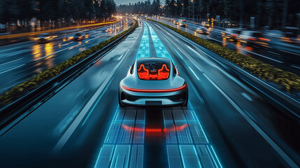 Autonomous electric cars move smoothly on road with graphic design, suggesting future smart charging and communication systems on road. Innovation drives sustainability and connectivity. Illustration
