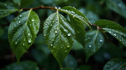 Fresh Leaf Covered with Sparkling Water Droplets, Capturing Rainfall in a Tranquil Natural Setting