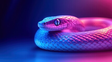 Obraz premium Closeup of a vibrant venomous snake species coiled and illuminated in striking neon blue and purple lighting creating an exotic mysterious and hypnotic visual effect