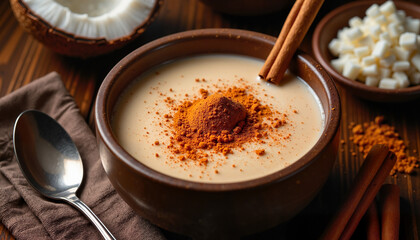 Creamy Canjica Dessert Served in a Bowl with Cinnamon Sticks