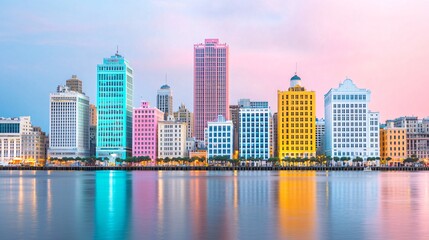 Obraz premium Colorful cityscape skyline reflected in calm water at dawn.