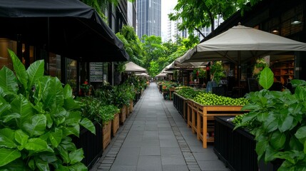 Fototapeta premium A vibrant urban pathway lined with lush greenery and market stalls, offering a refreshing escape amidst towering buildings.