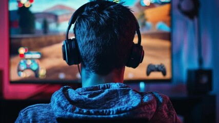 Rear view on a man playing video game - Powered by Adobe