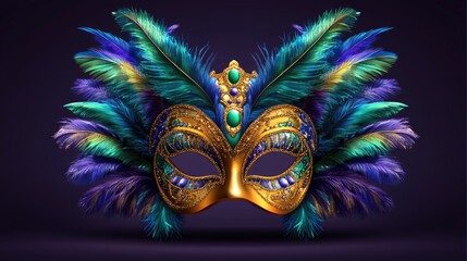 Ornate carnival mask with vibrant feathers and gemstones on dark background. Mardi Gras, Fat Tuesday, Carnival Season. Bright Parades, Masks, Festive Costumes, Vibrant Atmosphere