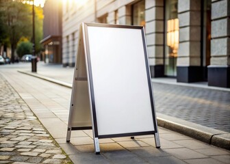 Blank White Pavement Sign Mockup: Modern Sidewalk Advertising Stand for Business Promotion