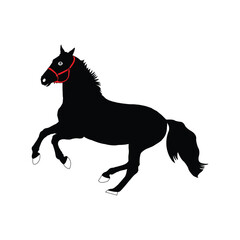Black Horse Silhouette in Motion with Red Bridle. Symbol of Horse vector, Horse Icon, Horse Logo.

