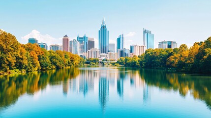 Obraz premium City skyline reflected in calm lake water, autumn foliage.
