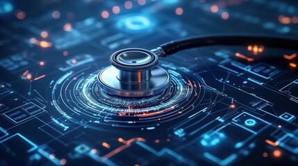  A stethoscope placed on top of an AI interface displaying medical data, symbolizing the integration of tools for digital health in medicine. 