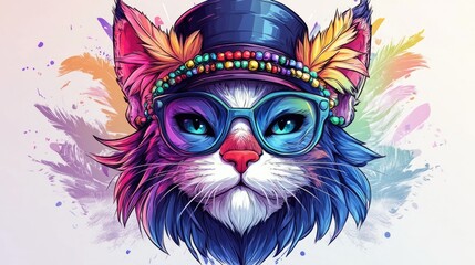 Colorful artistic cat portrait with glasses, hat, and feathers. Mardi Gras, Fat Tuesday, Carnival Season. Bright Parades, Masks, Festive Costumes, Vibrant Atmosphere