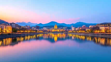 Obraz premium Calm river reflecting city skyline at sunset, mountains in background.