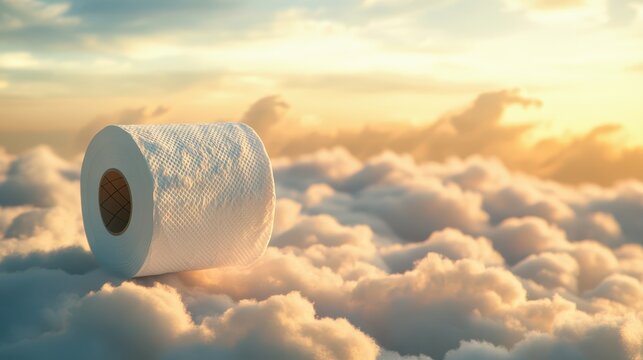 A Single Roll of Toilet Paper Positioned on Soft Clouds Under a Beautiful Sunrise Sky with Gentle Light and Colorful Horizon