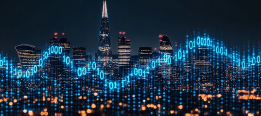 Modern Cityscape Illuminated at Night with Interconnected Technology Network and Binary Code Overlay
