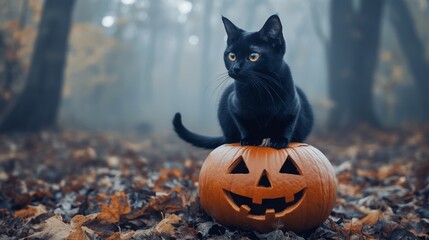 Naklejka premium Black Cat on Pumpkin in Spooky Forest with Autumn Leaves