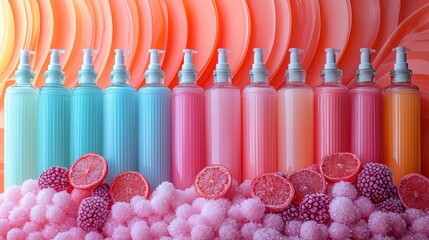 Colorful bottles with vibrant liquid against bright backdrop