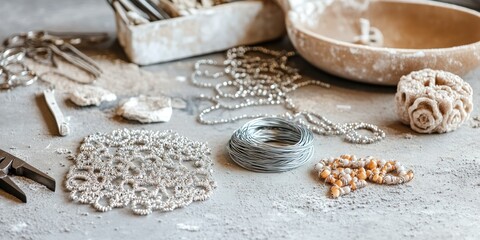 Fototapeta premium Crafting Workspace with Beads and Tools - A DIY Jewelry-Making Haven