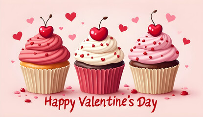 Pastel pink cupcakes featuring swirled frosting, cherry garnish, heart sprinkles against soft pink backdrop, representing romantic dessert celebration