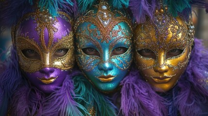 Vibrant venetian masquerade masks with feathers and glitter. Mardi Gras, Fat Tuesday, Carnival Season. Bright Parades, Masks, Festive Costumes, Vibrant Atmosphere