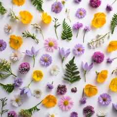 Generated image Flat lay photo of beautiful wild spring flower pattern background against a plain white background