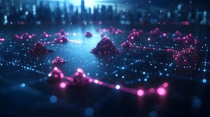 Obraz premium Glowing Cityscape at Night: Abstract Digital Network of Particles and Connections