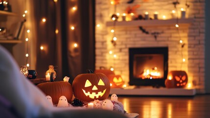 Cozy Halloween Decor with Jack-o'-Lanterns and Warm Lighting
