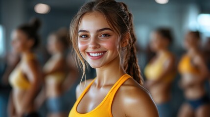 Smiling young caucasian woman in fitness class with friends in background