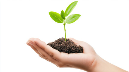 Hand gently holding delicate green sprout rising from dark fertile soil, representing hope and potential against pristine white backdrop