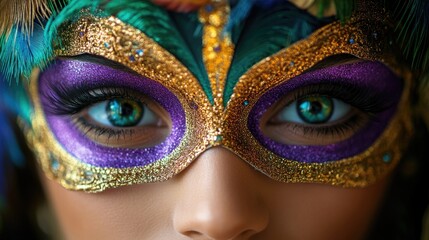 Woman with colorful feathered carnival mask and vibrant eyes. Mardi Gras, Fat Tuesday, Carnival Season. Bright Parades, Masks, Festive Costumes, Vibrant Atmosphere