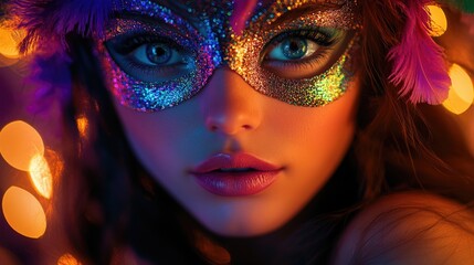 Obraz premium Glittering mask on young caucasian woman amidst vibrant bokeh lights. Mardi Gras, Fat Tuesday, Carnival Season. Bright Parades, Masks, Festive Costumes, Vibrant Atmosphere