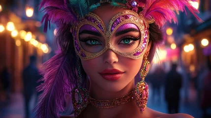 Woman in vibrant masquerade mask with feathers and glitter in festive street setting. Mardi Gras, Fat Tuesday, Carnival Season. Bright Parades, Masks, Festive Costumes, Vibrant Atmosphere