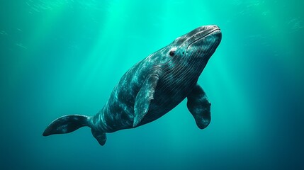 Fototapeta premium A gray whale gracefully swims in turquoise ocean water, sunbeams illuminating its body.