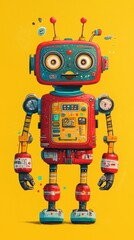 A Colorful Retro Robot Stands Against Yellow Background