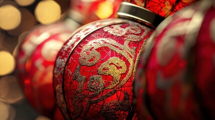 Close-up of red Chinese lanterns, each decorated with intricate gold patterns for the New Year