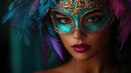 Young hispanic woman in colorful feathered masquerade mask with intricate details. Mardi Gras, Fat Tuesday, Carnival Season. Bright Parades, Masks, Festive Costumes, Vibrant Atmosphere