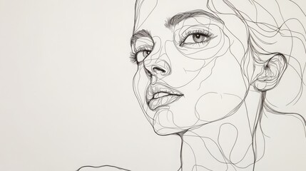 Minimalist continuous line art of a womanâ€™s face on a white background