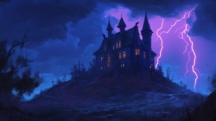 Eerie Haunted House on a Hill with Stormy Sky and Lightning Strikes