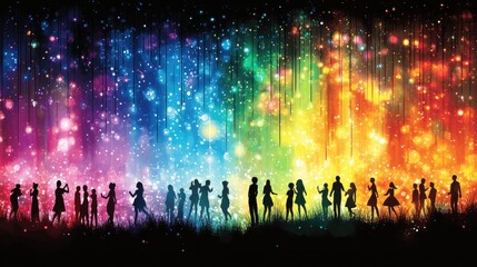 Colorful silhouettes of diverse people dancing under a vibrant rainbow night sky