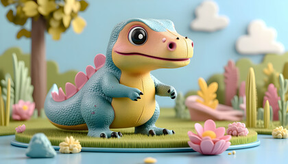 Adorable Baby Dinosaur Toy in Cute Garden Scene