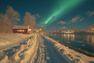Paysage arctique enneigé avec aurore boréale verte éclatante