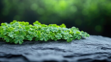 Lush green clover leaves on dark stone surface in natural setting. Saint Patrick's Day, St Paddy's Day, St Patty's Day - Irish National Holiday and Cultural Celebration
