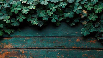 Fototapeta premium Lush green clover leaves on rustic wooden surface. Saint Patrick's Day, St Paddy's Day, St Patty's Day - Irish National Holiday and Cultural Celebration