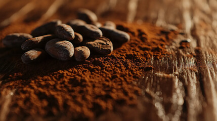A handful of cocoa beans resting on a wooden surface, with cocoa powder gently scattered across them, creating a warm, inviting atmosphere.