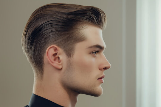 Modern style portrait of young Caucasian man with slicked back hairstyle