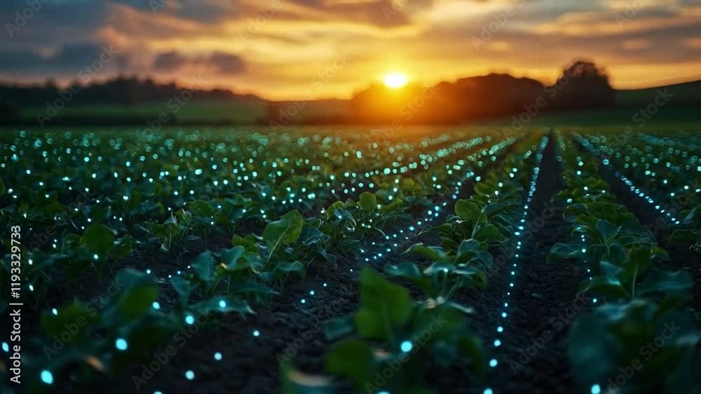 Poster advanced agricultural techniques light up a farm field at sunset, showcasing rows of crops enhanced 