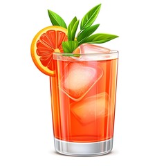 A glass of orange juice with ice cubes and a slice of orange on top