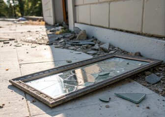 Broken Mirror on White Background - Urban Exploration Photography