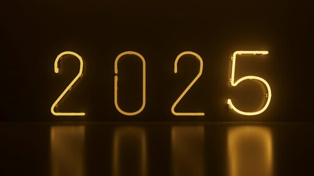 2025 title loopable 3d render of neon sign. Bright orange illumination and reflective floor. 
