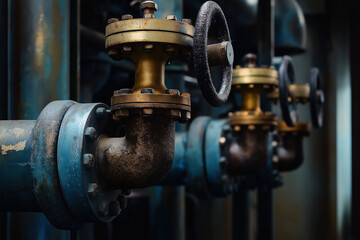 Fototapeta premium Industrial pipes and valves with a focus on metallic textures and engineering details